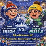 Sneeuwballen gevecht Burgemeester Dalfsen tegen Irene Wessels