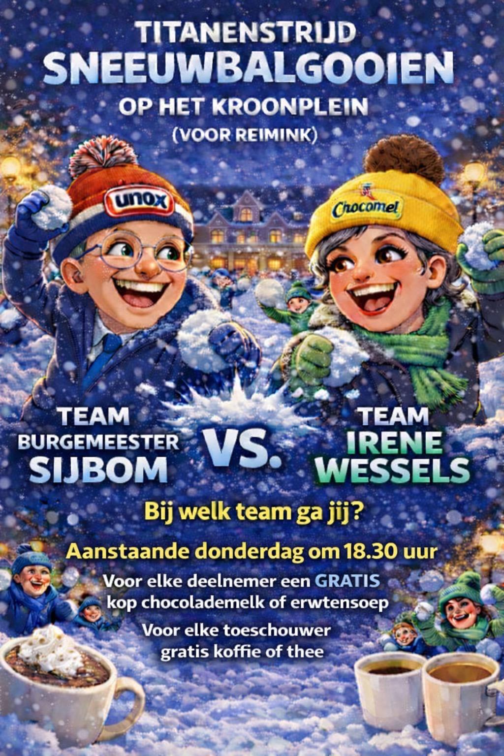 Sneeuwballen gevecht Burgemeester Dalfsen tegen Irene Wessels